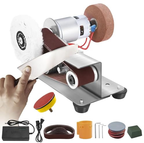 Levigatrice a nastro elettrica, kit levigatrice portatile 3 in 1, mini smerigliatrice da banco a 7 velocità, 15° for affilatura di coltelli, lavorazione del legno, fai da te, lucidatura e smerigliatur