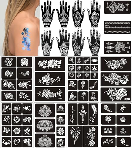 Lot de 19 feuilles de tatouages au henné, réutilisables, pour femmes et filles, plus de 255 pochoirs temporaires à paillettes pour aérographe indiens arabes et visage