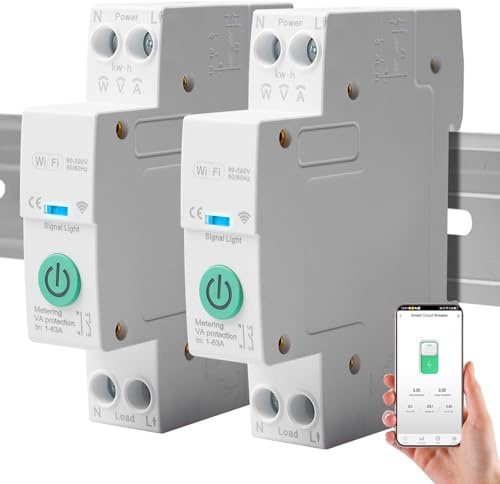 2 Stk WiFi Smart Leitungsschutzschalter, 1P DIN-Schiene Home Fernbedienung Schalter, Wireless Fernbedienung Schalter Kompatibel mit Alexa und Google Assistant Smart Life TUYA APP(Mit Metering 1~63A)