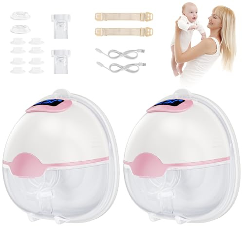 Extractor de leche eléctrico manos libres, 2 x 180 ml de gran capacidad con 3 modos y 15 niveles, extractor de leche portátil con pantalla LED, memoria y apagado automático (rosa)
