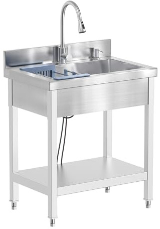 RiveraSink Lavello in Acciaio Inox Autoportante 70×50×80 cm con Rubinetto Estraibile 3 Funzioni, Paraspruzzi e Scolapiatti – Lavello Professionale 1 Vasca per Cucina, Ristoranti, Giardino e Esterni