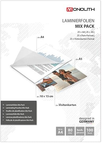 monolith 8991MIX100 - Mixpack lamineringsfolie set om 4 olika folier | 80 mic i 100-pack | lamineringsfolie | högglansigt transparent
