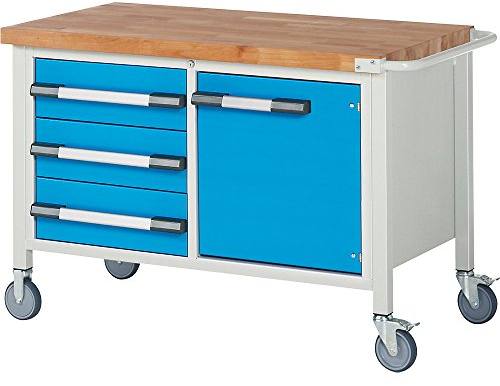 eurokraft | Fahrbare Werkbank Serie 8000 | Gestellbauweise | 3 Schubladen | 1 Tür | BxT 1250 x 700 mm