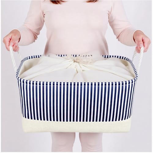 Mangata Collapsible Storage Box, Fabric Storage Basket with Handles | Soft & Durable, for Shelf, Closet, Wardrobe, Extra Large, 45x35x24cm, Blue Stripe, 1 Pack