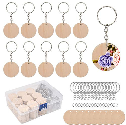 DODUOS 100Pcs Natural Wood Slices, 35mm Unfinished Predrilled Log Discs Wooden Circles with 100Pcs Key Rings and a Box for DIY Crafts, Unfinished Round Circles for Christmas Decorations Ornaments