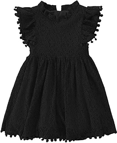 PythJooh Toddler Girl Flutter Sleeve Party Dress Baby Kids Elegant Lace Pom Pom Princess Dress for 1-7Years Black