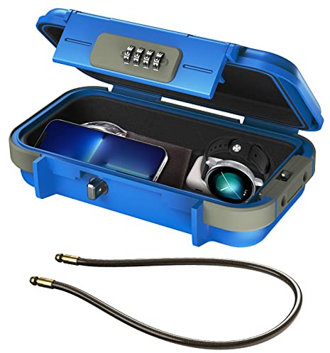 ORIA Tragbarer Tresor mit Zahlencode, Schlüsseltresor Sicherheitsbox Outdoor Sicherheitssafe, mit abnehmbarem Drahtseil, Wasserdicht Schlüsselsafe mit Kombination, für Reisen, Strand, Camping - Blau