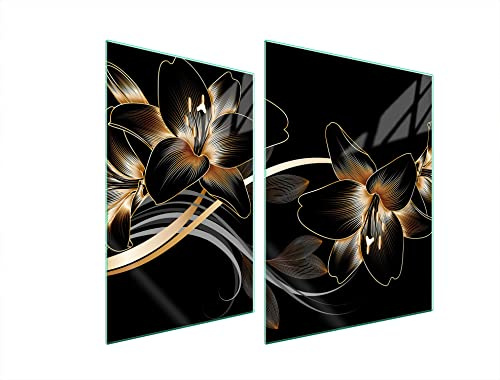 DarHaus Herdabdeckplatten 70x52 Tweiteilig Glas Elektroherd Induktion Herdschutz Spritzschutz Glasplatte Deko Schneidebrett, Orchidee Schwarz
