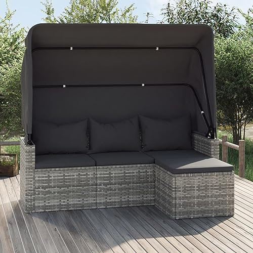 ShGaxin Canapé de jardin 3 places avec auvent et tabouret en rotin synthétique gris, canapé de jardin, terrasse, meubles de jardin extérieur - SPU : 362335
