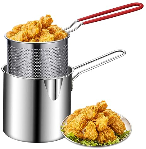 Friteuses, marmite à friture avec panier 2 pièces 1200 ml avec poignée en acier inoxydable poêle à frites sans revêtement poli miroir brossé casseroles pour frites poisson ailes de poulet