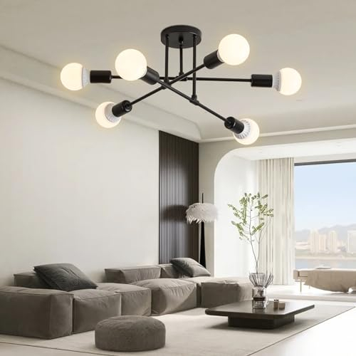 YOODI Lámparas de Araña, 6 Luces Lampara de Techo Modernos, E27 Negra Plafon Techo de Metal, Lámpara Techo Vintage para Salón, Dormitorio, Comedor, Cocina, Ø52CM(Sin Bombilla)
