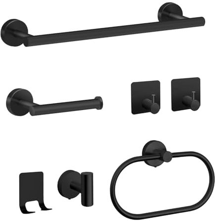 7-Piece Bathroom Accessory Set, Stainless Steel Bathroom Hardware Set, Matt Black Bathroom Tower Rack Set Includes 40 cm Towel Holder, Toilet Paper Holder, Towel Ring, 4 Robe Towel Hooks (Black)