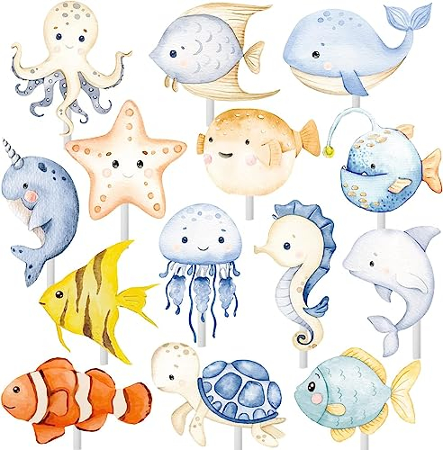 Océan Gâteau Topper, 36pcs Animaux Marins Décorations de Gâteaux, Décoration Gateau Animal Mer, Décoration Gâteau Thème Océan, Cupcake Mer, Océan Fête D'anniversaire Topper