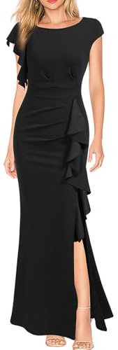 KOEMCY Vestido de Cóctel Elegante para Mujer Volante y Cuello Redondo Vestido Dividir Vestido de Verano Bodycon Largo Vestido de Fiesta (Negro L)
