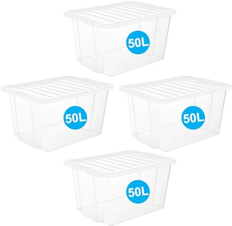 RelianceUK 4 X 50L Plastic Storage Boxes With Lids | Large Plastic Storage Boxes for Clothes Shoes Crafts | Multipurpose Storage Box With Lid Home Office Kitchen Garage (50 Litre / 4 Pack)