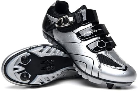 Treer Cycling Shoes Mens Womens, Glossy Mountain Bikes Shoes with SPD Cleats Unisex Cycle Shoes Road Bikes Shoes for Men Lady Spin Bike Shoes for Outdoor Indoor, Size 6 UK Silver