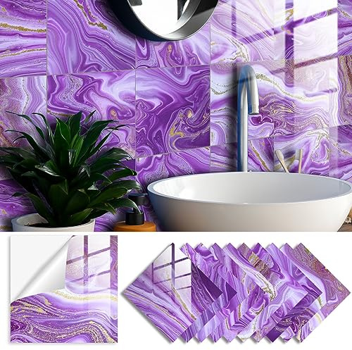 Lukery 20 PCS Self Adhesive Wall Tiles for Kitchen Bathroom, Oil Proof Peel and Stick DIY Floor Marble Tiles (15x15cm, Purple Marble)