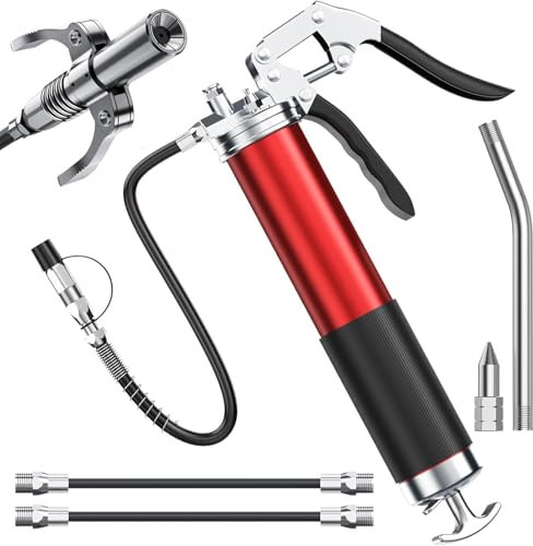 LunarGleam Fettpresse für Schmiernippel 8000 PSI - Einhand Fettpresse Set Hochleistungs Fettpresse Mundstück mit Pistolengriff&Schnellkupplung&Flexschlauch für 400g Kartusche(Rot)