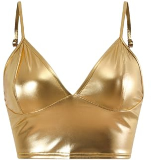 SamHeng Débardeur court métallisé pour femme sans manches effet mouillé camisole sexy à col en V soutien-gorge brillant pour les festivals de danse costumes soirée en boîte de nuit