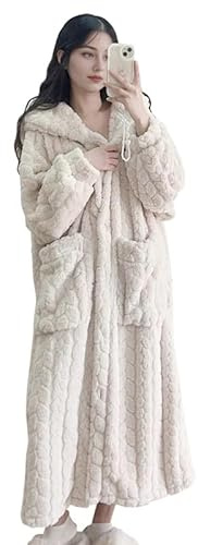Petalum Peignoir de Bain Polaire à Capuche Femme Robe de Chambre Longue Chaude Epaisse Sortie de Douche Hiver Peluche Flanelle Douce avec Grande Poche