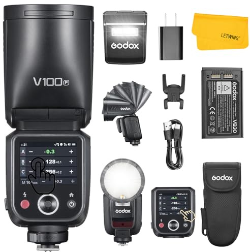 GODOX V100 F V100F Flash pour Appareil Photo Fujifilm, 100Ws TTL 2.4G sans Fil Fuji Speedlite HSS 1/8000s, 400 Flashs à Pleine Puissance, Lampe de Modélisation LED, Flash Externe pour Photographie