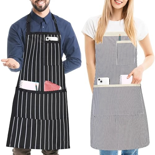 FunChaos 2 Piezas Delantales de Cocina A Rayas para Hombres y Mujeres, Delantal Ajustable con 3 Bolsillos, Chef Delantales para Barbacoa, Horneado, Jardinería, Restaurante, Negro Blanco