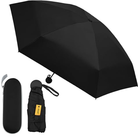 Mini Ombrello, Portatile Compatto Anti UV, 6 Nervature, Pieghevole Ombrello da Viaggio, Umbrella Pioggia Antivento con Custodia a Capsula (Nero)