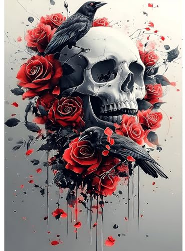 MXJSUA Calavera Rosas Y Cuervos Diamond Painting, Pintura Diamante Kit Manualidades Adultos, Diamond Painting Adultos Dibujos con Diamantes para la Decoración de la Pared del Hogar 30x40 cm