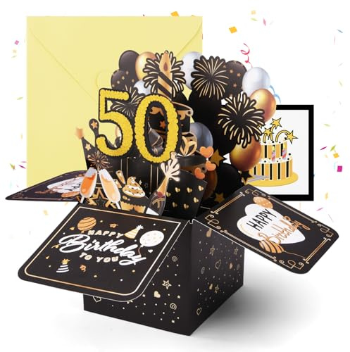 OFFCUP 50 Anni Biglietto Auguri Compleanno 3D Biglietti Auguri Regalo Divertente Pop Up Biglietti di Compleanno con Busta e Carta Biglietto di Auguri per Uomo Donna Famiglia Amica Festa