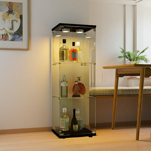 SUNFECILI glasvitrinskåp, snyggt glasskåp, 1 dörr, curio-skåp med lås för samlarobjekt, böcker och vin, glasskåp, vitrinskåp, perfekt för vardagsrum och kontor (svart, 3 strati+LED)