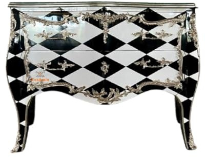 CasAmin Home & Living Black and White Chest of Drawers in French Baroque Style, 120 cm Wide, Handmade Bedside Table with Diamond Pattern and 2 Drawers for Bedroom Decoration