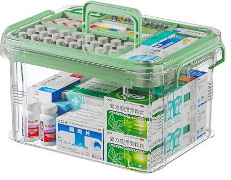 Chililon 2-stöckige Medikamenten Aufbewahrung Große Kapazität Medikamenten Organizer mit Griff, Kunststoff medizinbox leer Mehrzweck-Mmedizinschrank mit Abnehmbaren Tablett