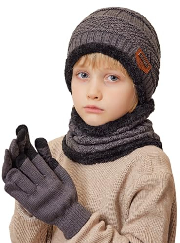MAZELIKEHOOD Bonnet Gants Écharpe Garçon 3 Pièces Ensemble Chaud Hiver pour Enfants Trico Doux Accessoires Nécessaire Sport Extérieur