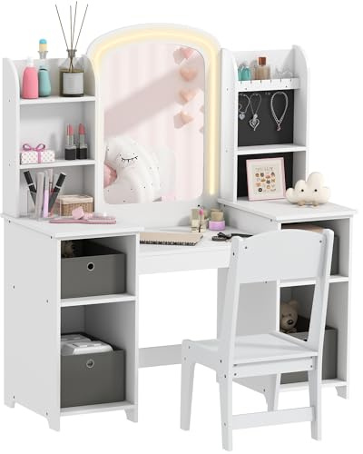 AIYAPLAY Coiffeuse pour Enfants avec Tabouret et Miroir LED, Coiffeuse Fille en Bois avec tiroirs en Tissu, étagères Ouvertes et Crochets à Bijoux, Table de Maquillage pour 3 à 8 Ans, Blanc
