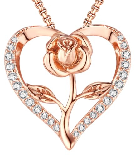 Lyniuoy Collier Femme Pendentif Cœur et Fleur de Rose Bijoux Amour