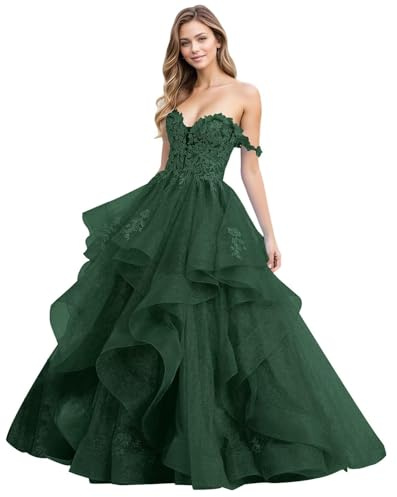 HAIBFJIN Robe de soirée en tulle à volants - Épaules dénudées - Robe de bal - Applications en dentelle - Robe de mariée, vert émeraude, 48