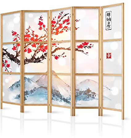 murando - Room divider XXL Mountains 225x171cm / 89x68 5 pieces - Non-woven Canvas Single-Sided Folding Screen Privacy wood pattern design hand made Home office - Japan Mountains Tree p-B-0002-z-c