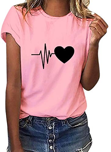 Tuopuda T-shirt damer, sommartoppar, rund hals, kortärmad tryck, blus, baströja, bekväm bomull, tunika, t-shirt, toppar, smal skjorta för vår, sommar, höst, ROSA, L