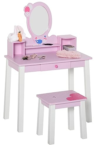 HOMCOM Toeletta per Bambine 3+ Anni in Legno, Set Tavolo da Trucco Giocattolo con Specchio e Sgabello, Rosa