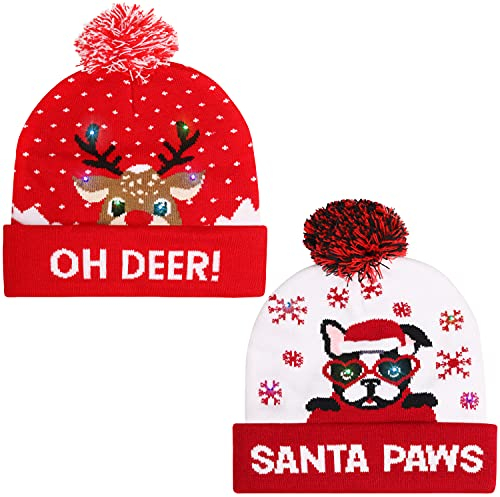 BELLE VOUS Weihnachtsmütze mit LED Licht (2 Stk) - Unisex Bommel Mütze mit Licht - Dehnbare Weihnachtsmützen mit 6 LED-Lichtern - Rentier & Hund Lustige Hüte mit Beleuchtung für Weihnachts Dekoration