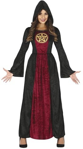 FIESTAS GUIRCA Disfraz de Sacerdotisa Satánica - Vestido Largo Negro y Rojo con Capucha para Mujer Adulta Talla M 38-40