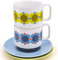 Orla Kiely Teetassen-Set mit 2 Teetassen und Untertasse, Atomic Flower Sky / Sonnenblume, Keramik, 300 ml, Zuhause, Heißgetränke