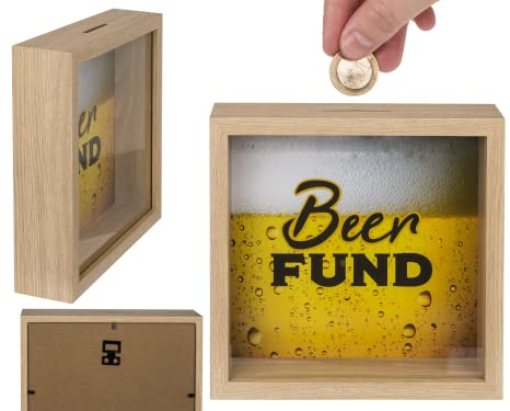 Holz-Spardose, Beer Fund, im Rahmen, ca. 20 x 20 cm