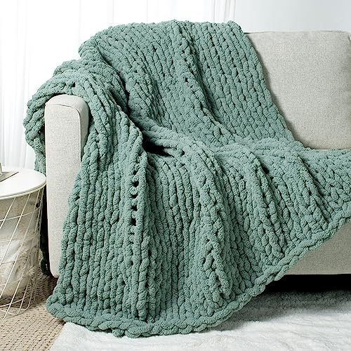 Carriediosa Chunky Knit Throw Blanket 60 X 80 Twin, 100% Hand Made Large Chenille Loop Yarn Soft Fluffy Throws for Couch Sofa Bed, Big Crochet Cozy Heavy Thick Cable Woven Blanket, Sage Green