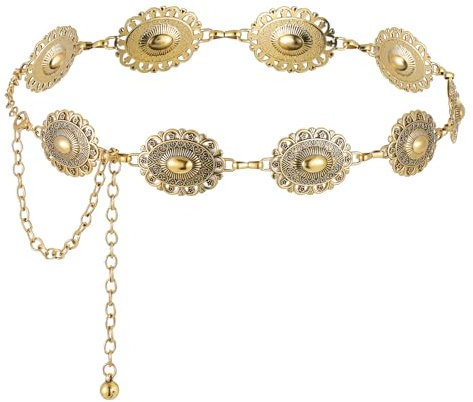 Kettengürtel Gold Damen, Goldener Kettengürtel Taille Goldener Gürtel Taille Gold Verstellbare Metall Schnalle Langer Gürtel Körper Kette Western Cowgirl Gürtel Einstellbare Taillengürtel für Kleid