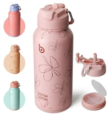 BOTTLE BOTTLE Borraccia termica con porta pillole, 900 ml, in acciaio inox, borraccia sportiva, per attività all'aperto, escursionismo, motivo: fiori rosa