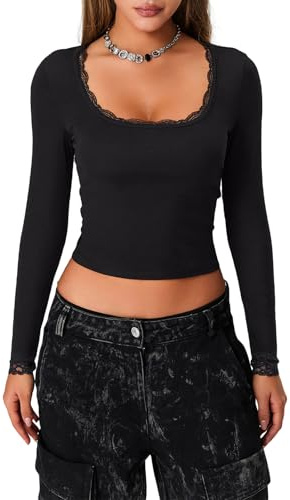 Loalirando Crop Top Tumblr Sexy Donna Ragazza T Shirt Maglietta con Maniche Lunghe Donna Top in Pizzo con Scollo a U Aderente Tinta Unita Casual Discoteca Festa Streetwear (Nero, L)