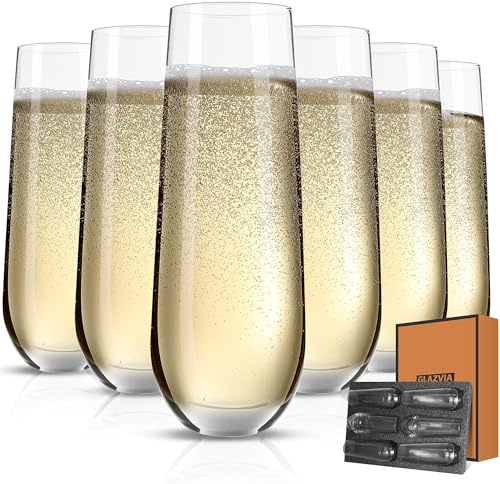 GLAZVIA Stemless Champagne Flutes Glasses Set of 6-10oz Elegant Crystal Champagne Glass, Classic Clear Flute Gift for Wedding, Anniversaries, Parties, Birthday, Restaurant, Home Bar
