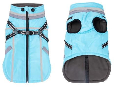 FEimaX Dog Coat with Harness Waterproof Warm Dog Coats Reflective Adjustable Pet Fleece Jacket Doggie Windproof Outdoor Winter Clothes Puppy Cold Weather Snow Vest for Small Medium Dogs (L, Blue)