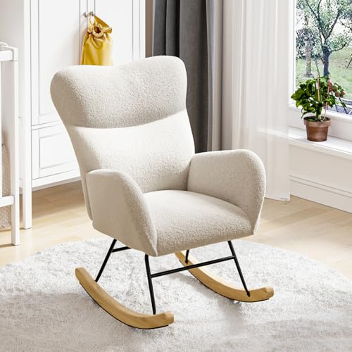 Luxstein Rocking Chair for Adults, High Back Teddy Upholstered Nursing Chair Comfy Armchair with Metal Legs and Wood Base for Living Room, Bedroom, Balcony, Ivory White